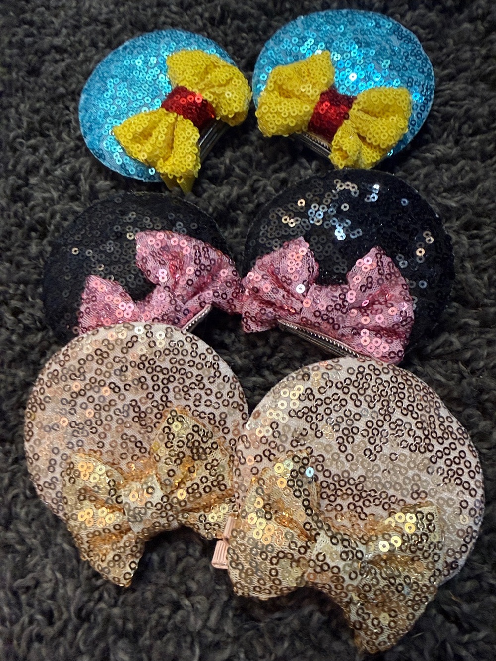 Sequin Mouse Ear Hair Clips - Blue, Black & Champagne Sets